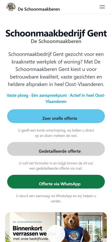 Website De Schoonmaakberen op smartphone – realisatie van Studio Gerust