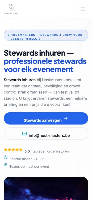 Website of HostMasters on a smartphone